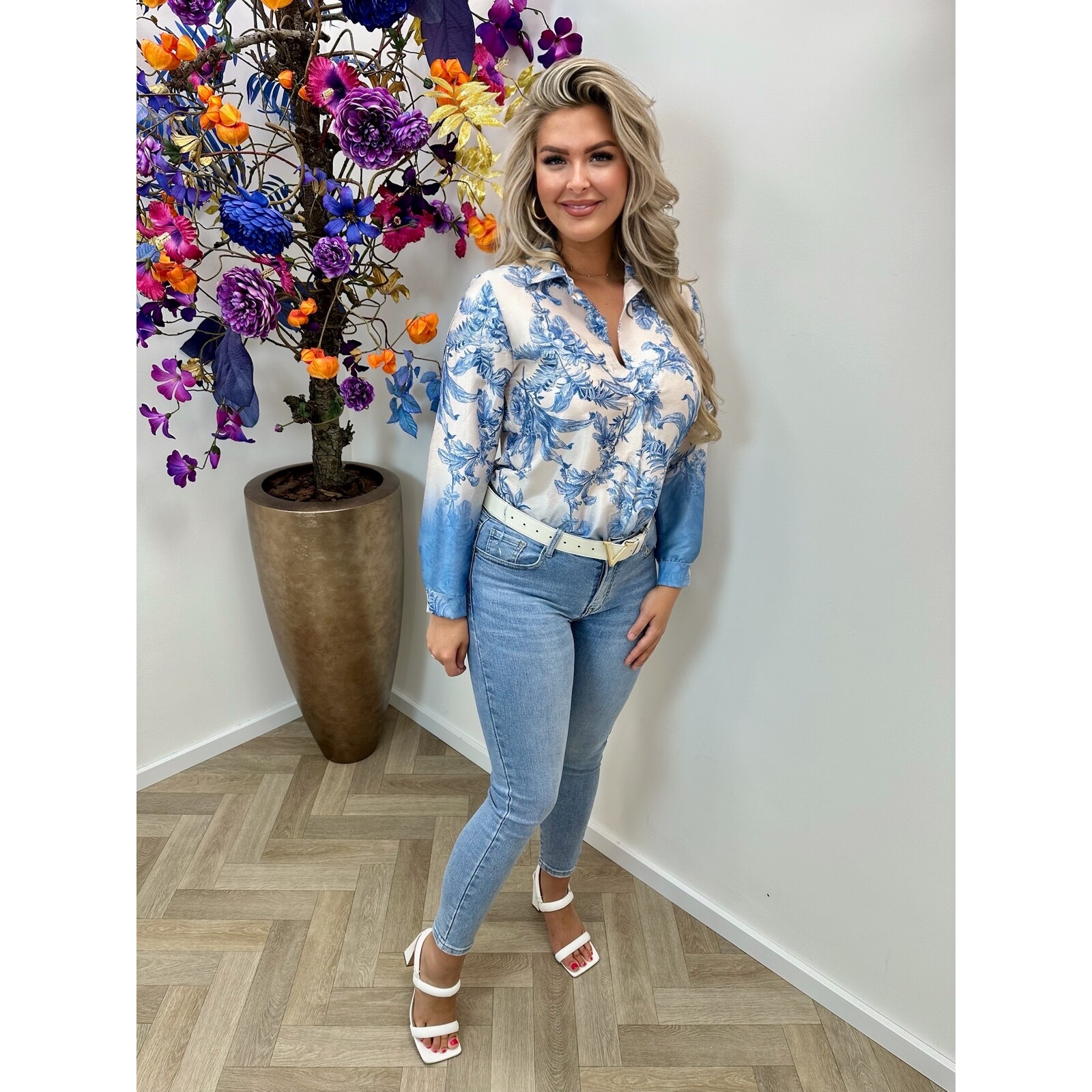 Blouse Flowers SatinLight Blue