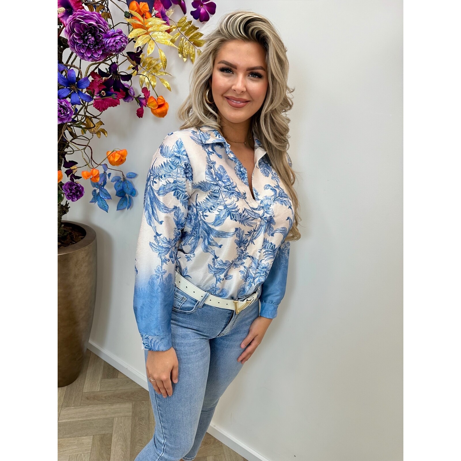 Blouse Flowers SatinLight Blue