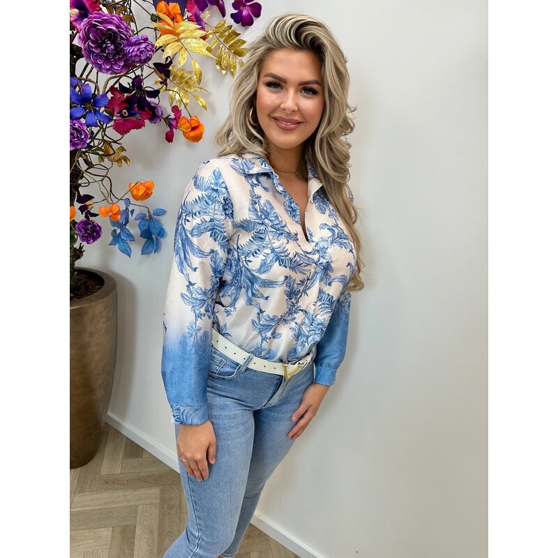 Blouse Flowers SatinLight Blue