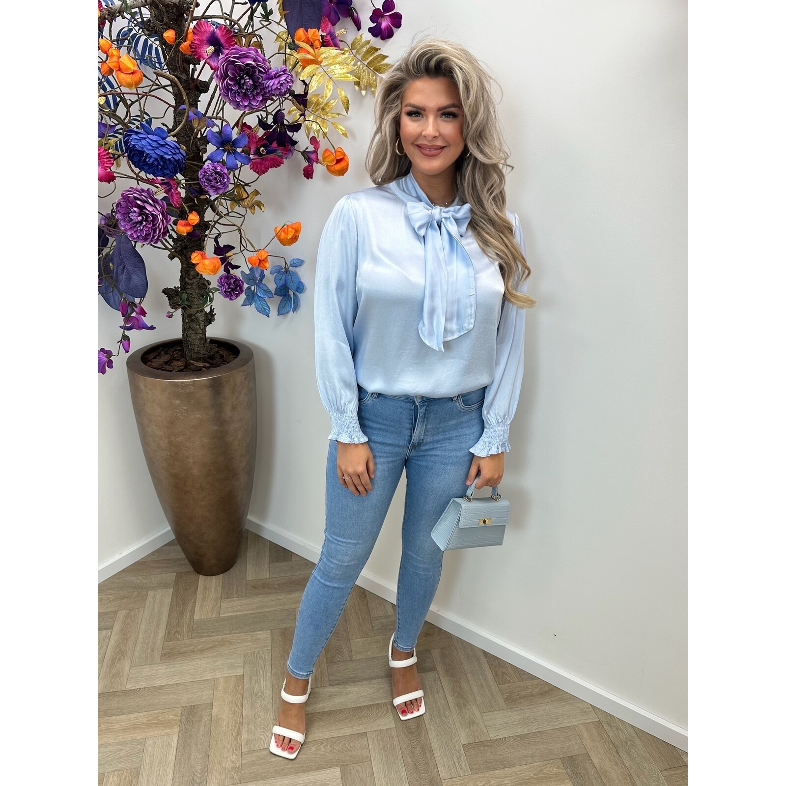 Blouse Satin Look Bow Light Blue