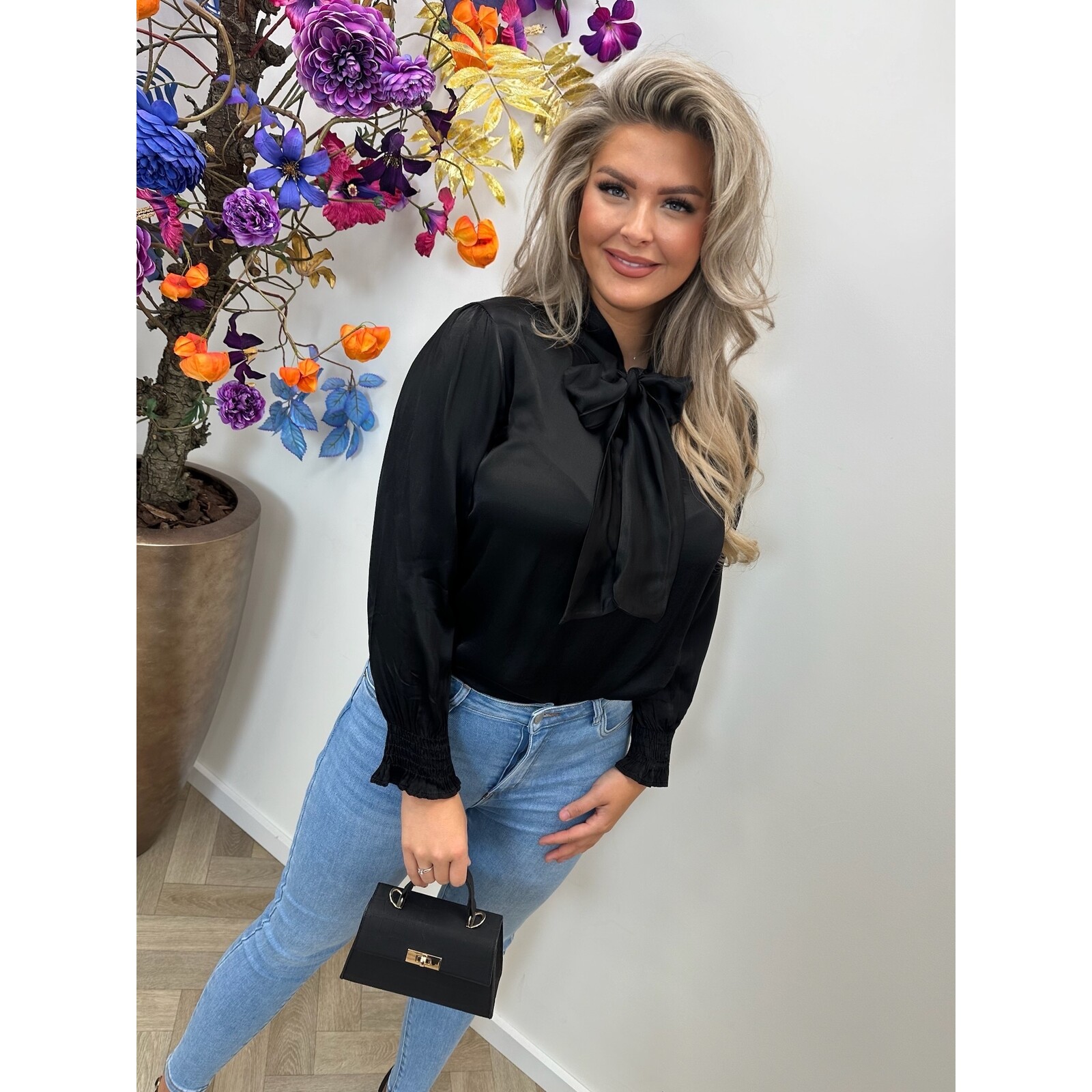 Blouse Satin Look Bow  Black