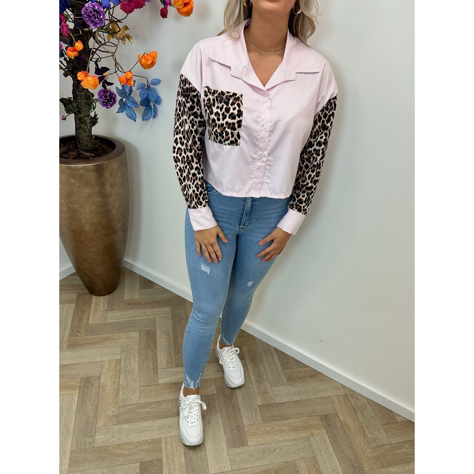 Blouse Stripes Leopard Pink