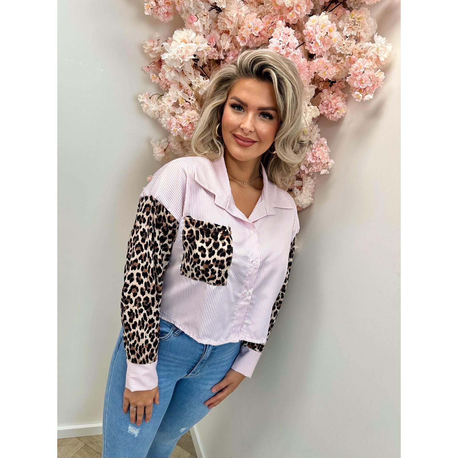 Blouse Stripes Leopard Pink