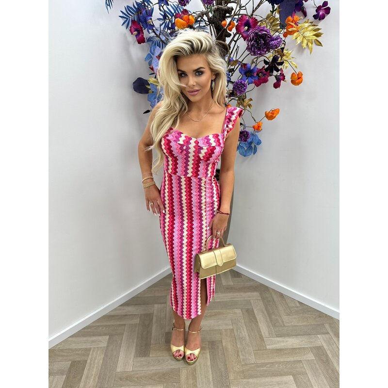 Long Travel Dress Zigzag Print Pink