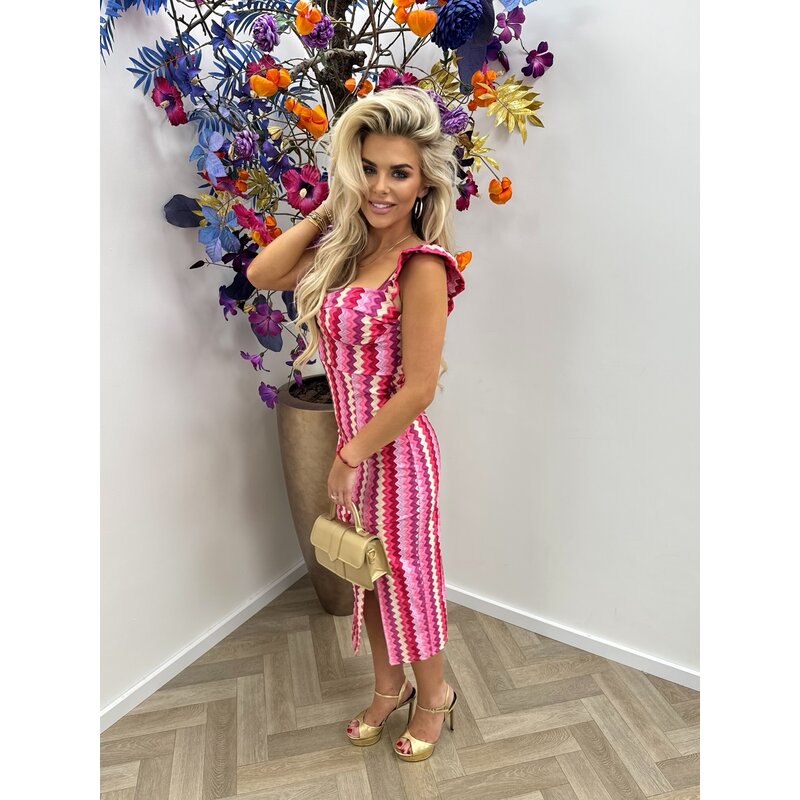Long Travel Dress Zigzag Print Pink