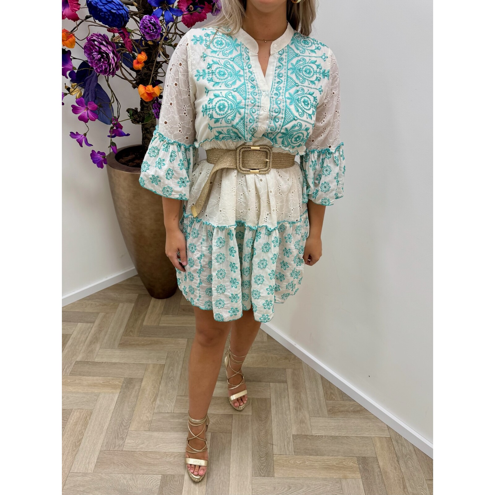 Dress Broderie Flowers  Turquoise Jott-337