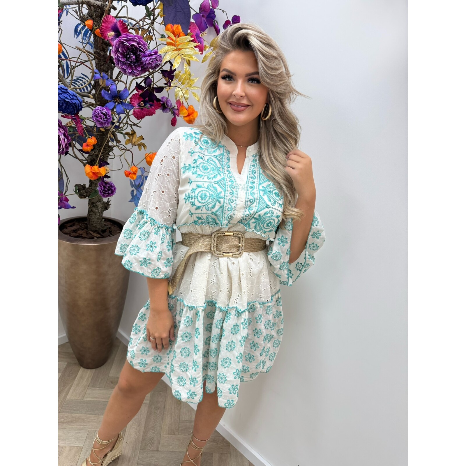 Dress Broderie Flowers  Turquoise Jott-337