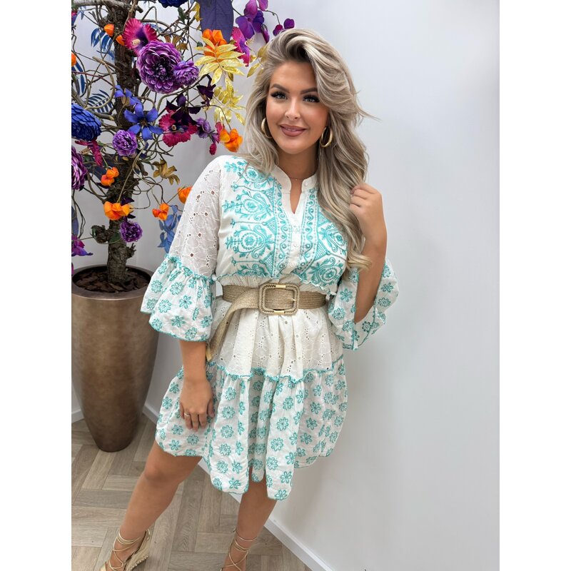 Dress Broderie Flowers  Turquoise Jott-337