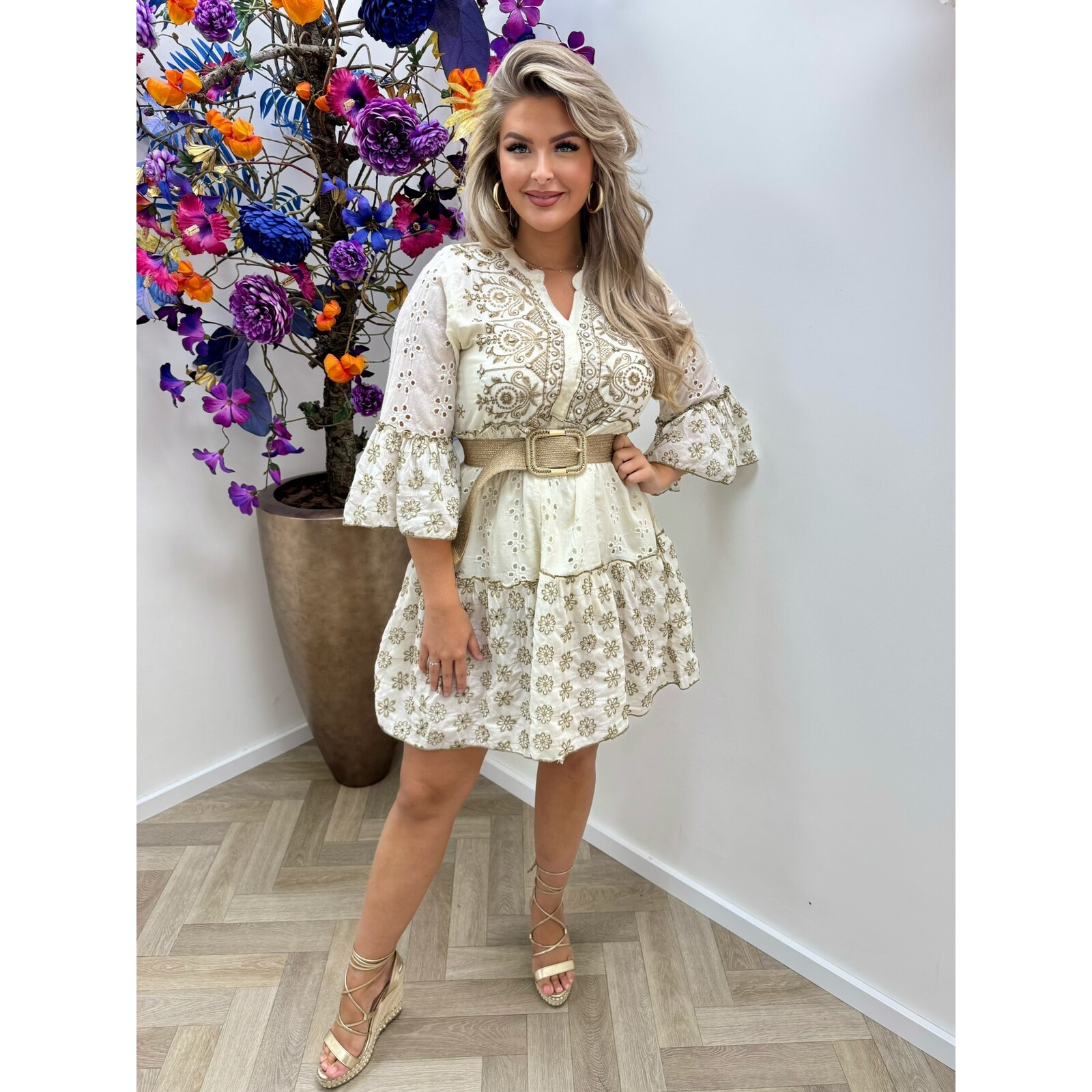 Dress Broderie Flowers  Taupe Jott-337