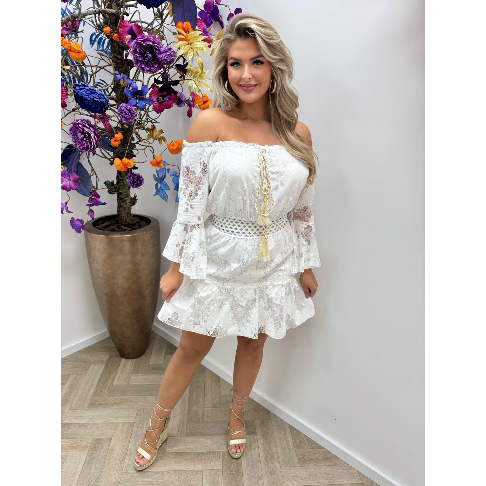 Off Shoulder Dress Ibiza Lace  White YJD1210