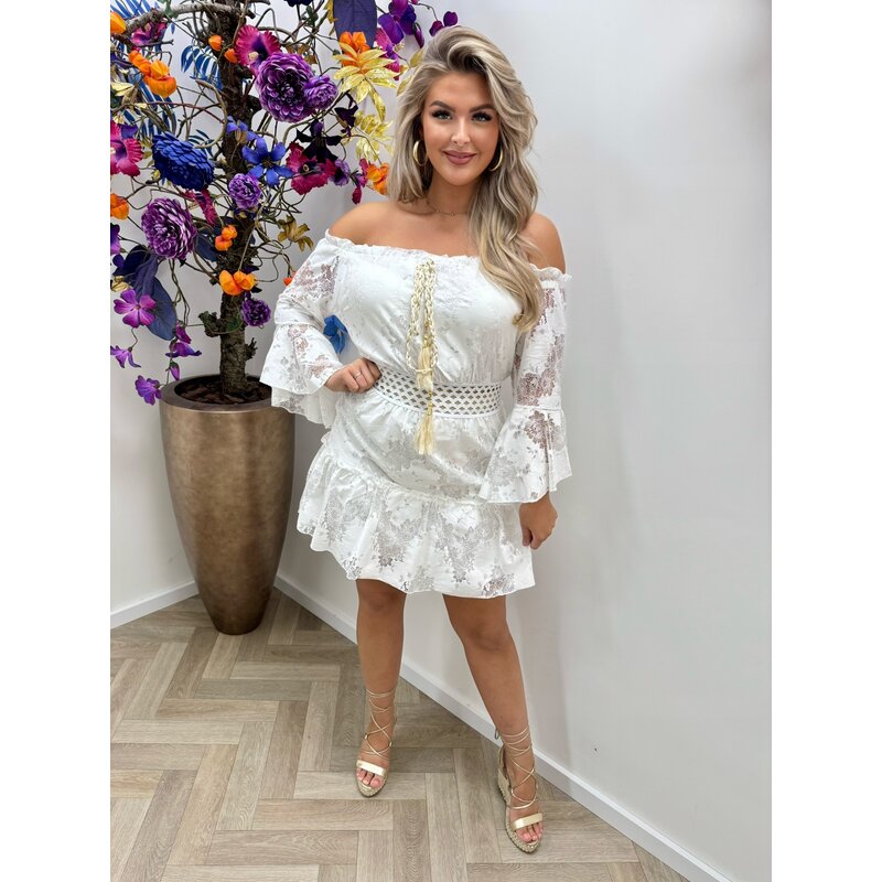 Off Shoulder Dress Ibiza Lace  White YJD1210
