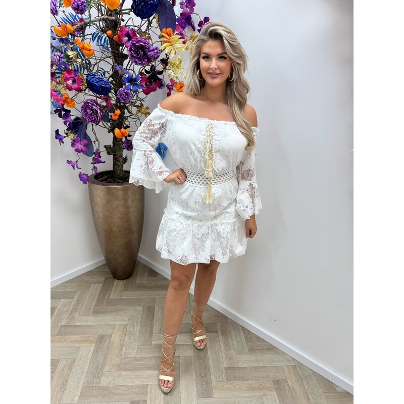 Off Shoulder Dress Ibiza Lace  White YJD1210