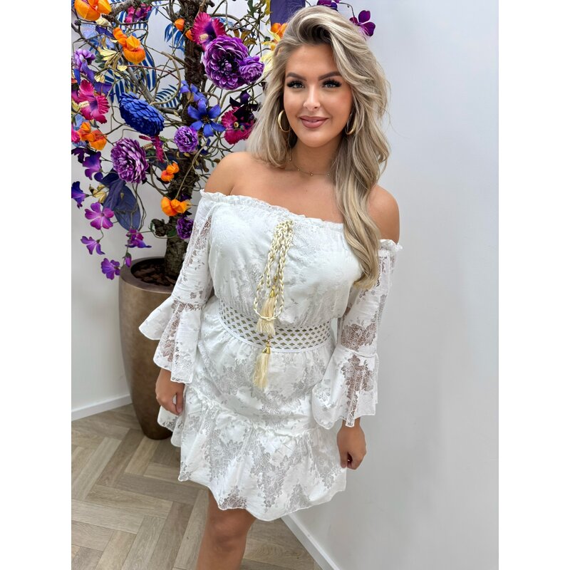 Off Shoulder Dress Ibiza Lace  White YJD1210