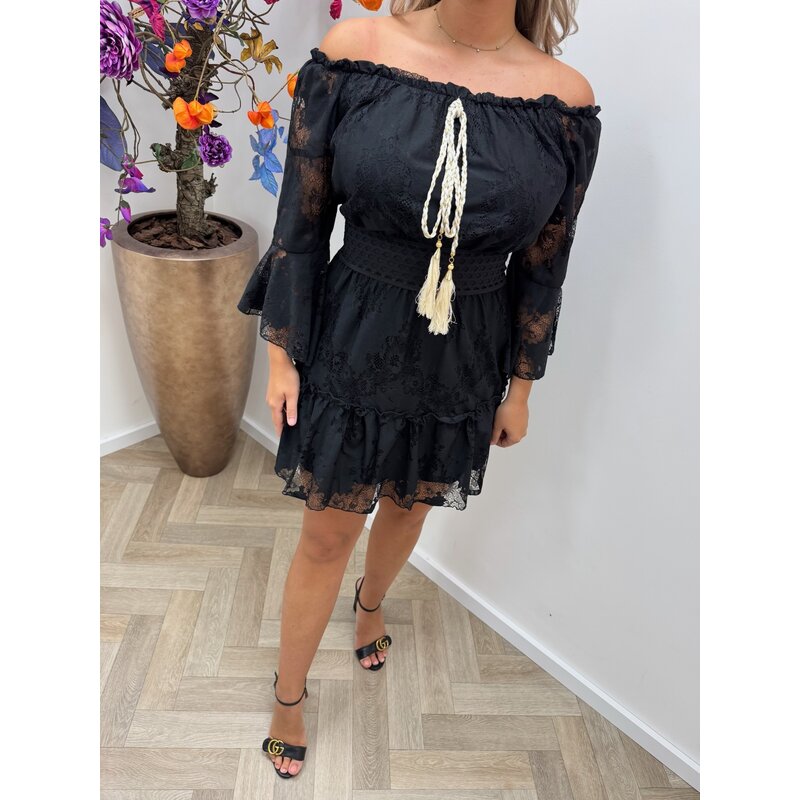 Off Shoulder Dress Ibiza Lace Black YJD1210