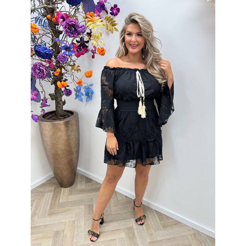 Off Shoulder Dress Ibiza Lace Black YJD1210