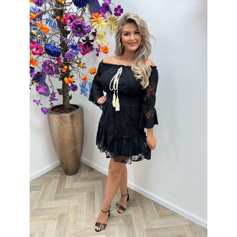 Off Shoulder Dress Ibiza Lace Black YJD1210