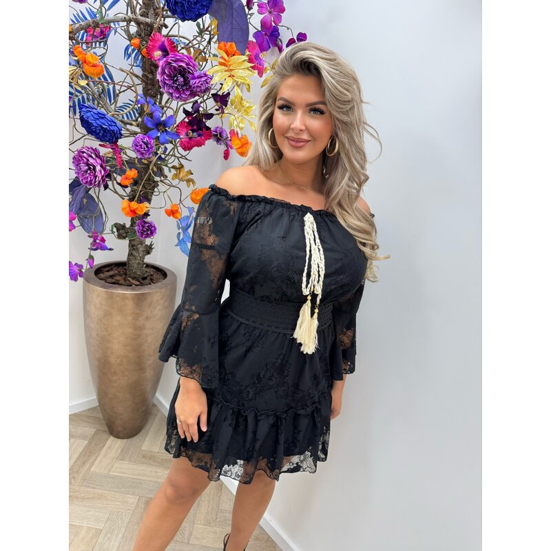 Off Shoulder Dress Ibiza Lace Black YJD1210