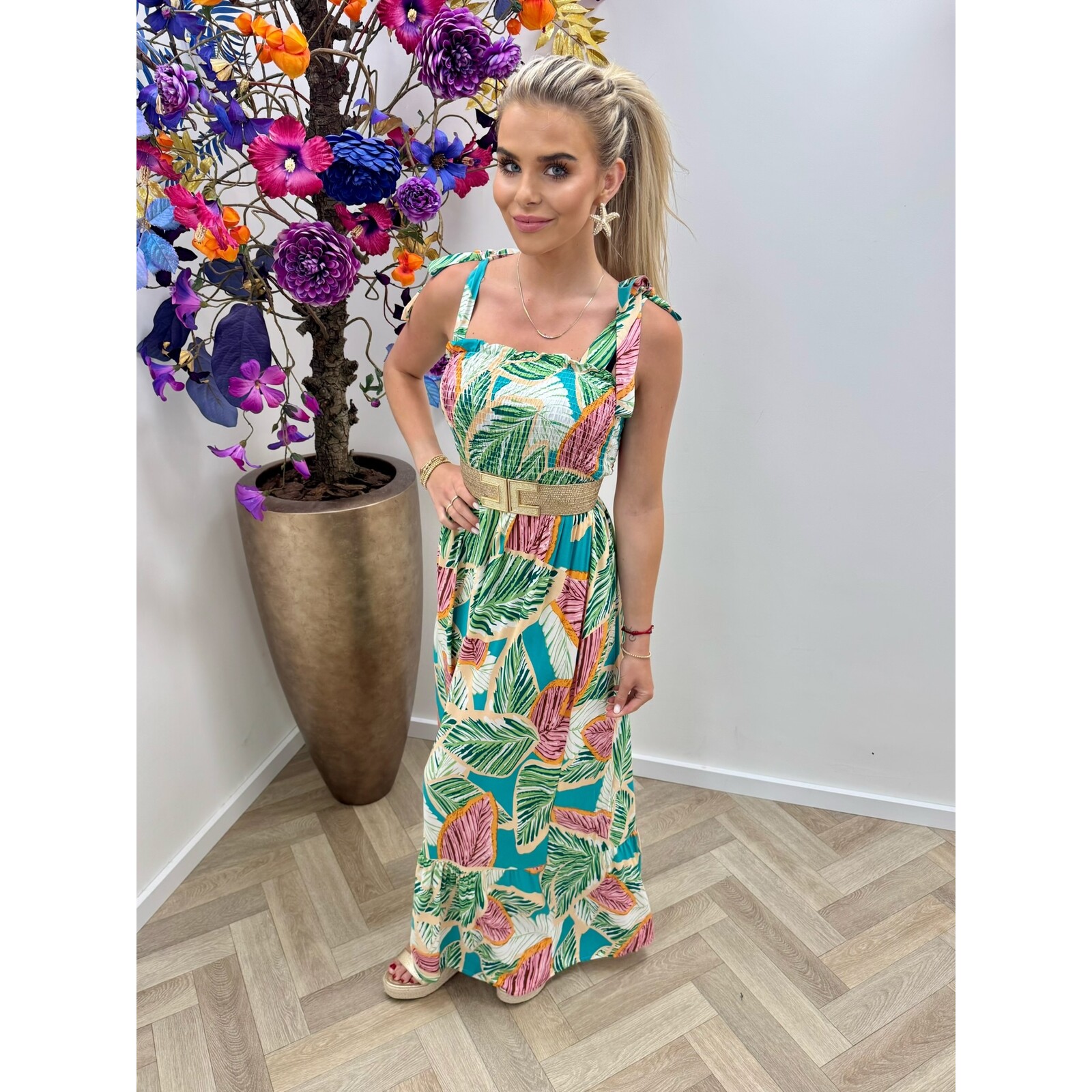 Long Dress Tropical Flowers Green  FL378