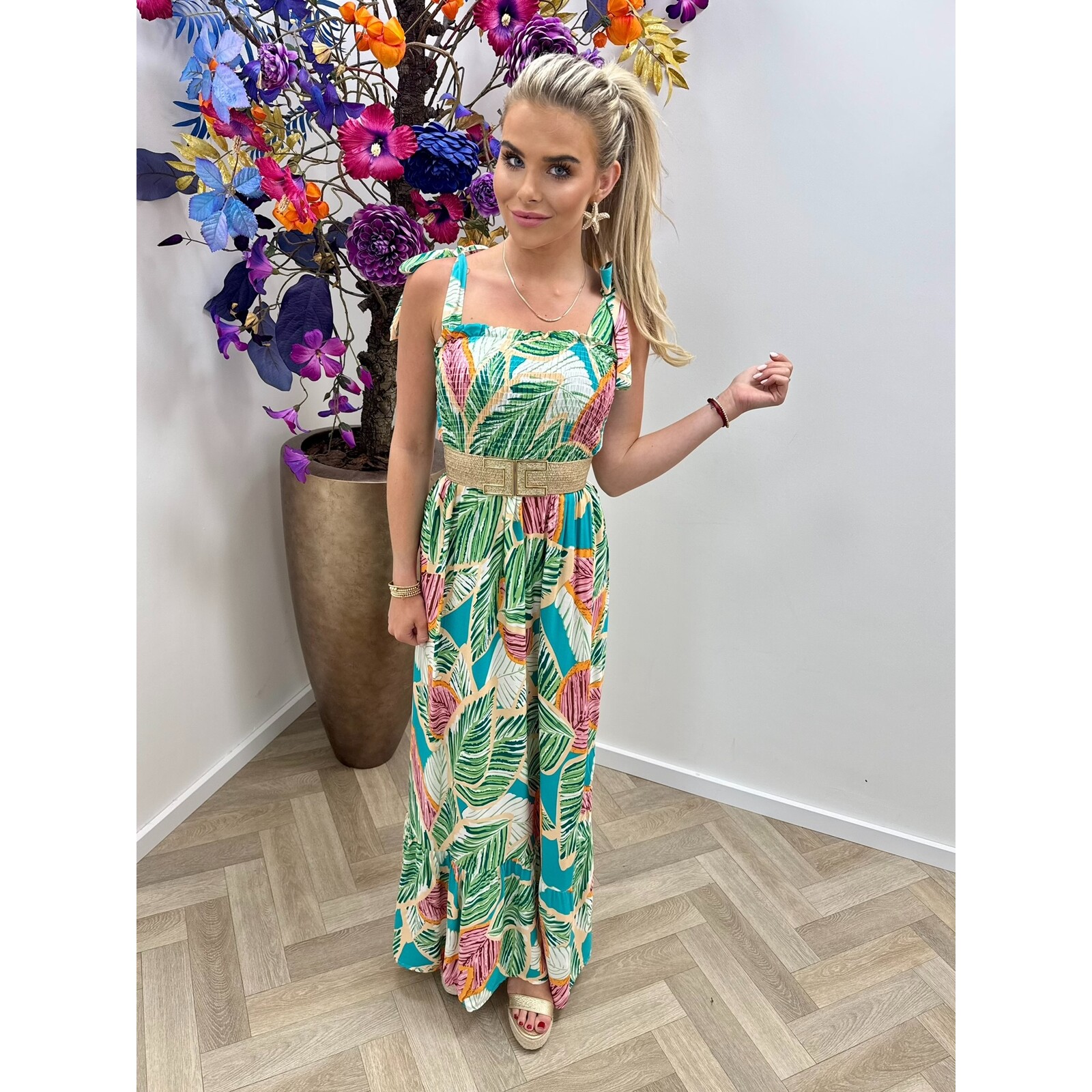 Long Dress Tropical Flowers Green  FL378