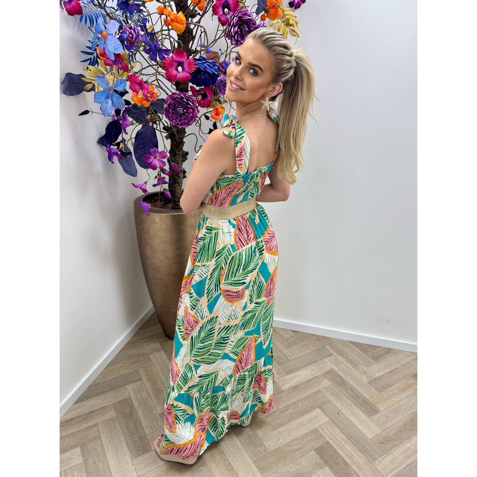 Long Dress Tropical Flowers Green  FL378