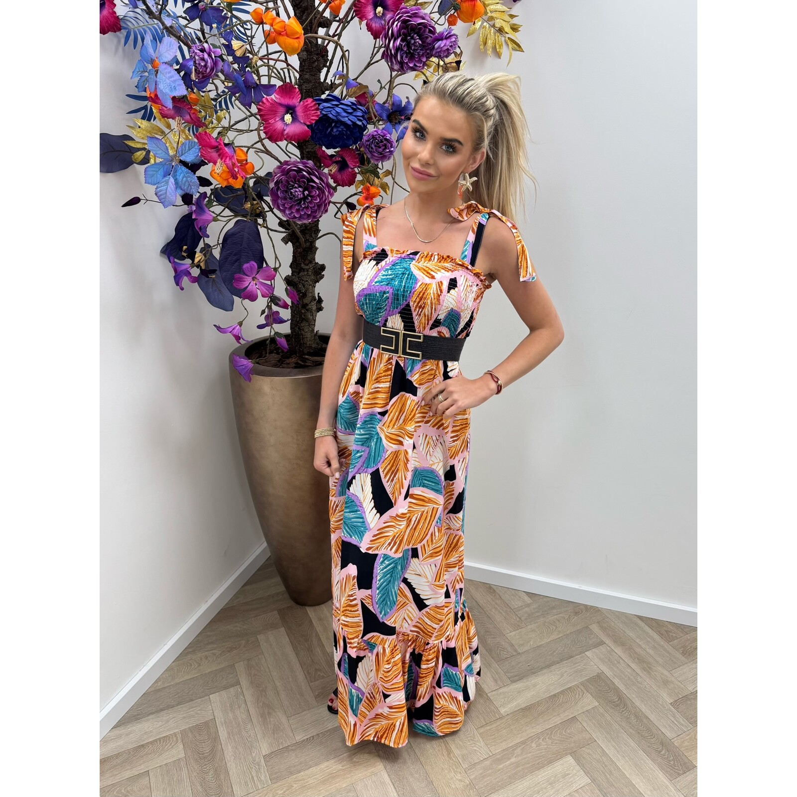 Long Dress Tropical Flowers Black FL378-1