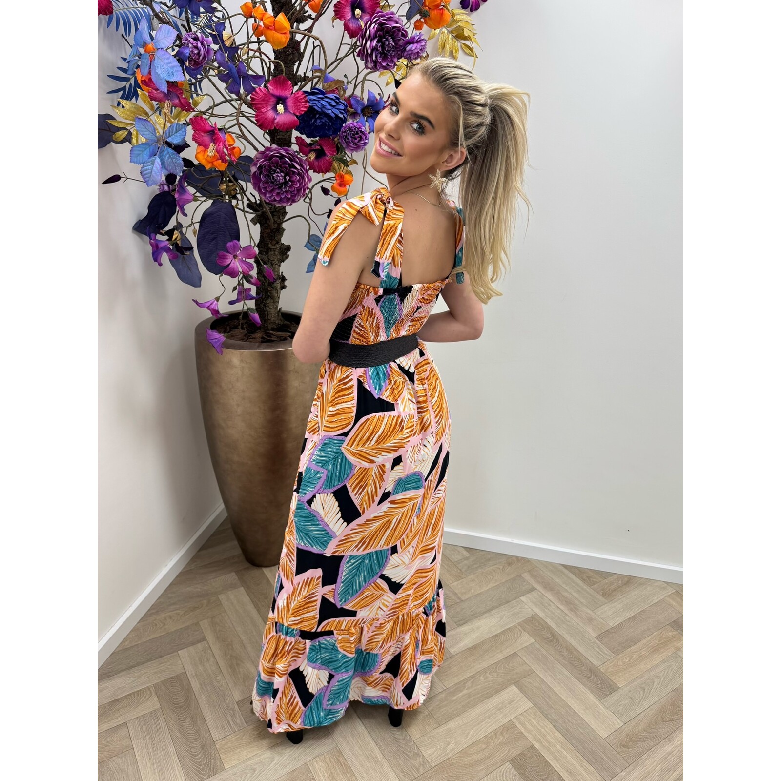 Long Dress Tropical Flowers Black FL378-1