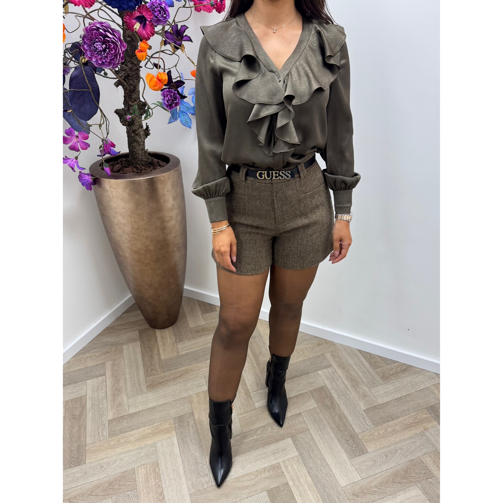 Blouse Satin Ruffle Deluxe CH356 Coffee