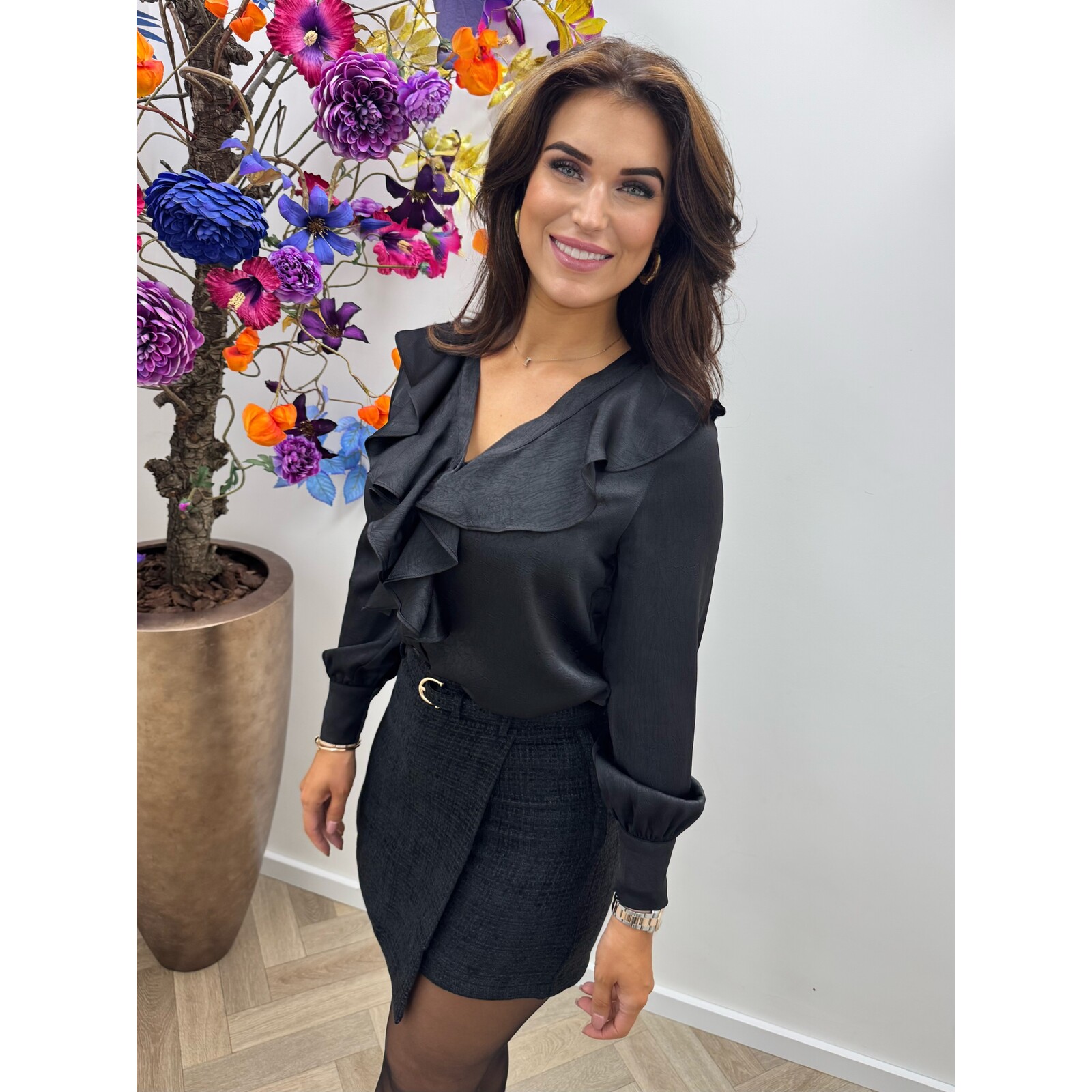 Blouse Satin Ruffle Deluxe CH356 Black