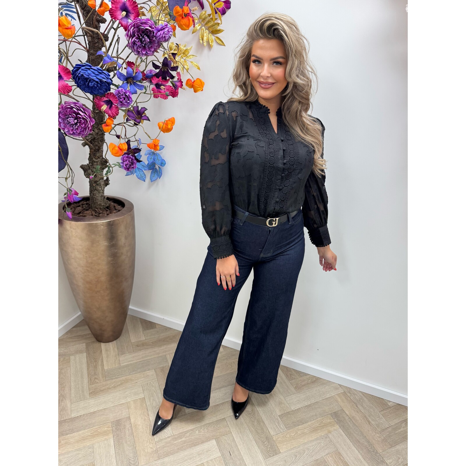 Blouse Flower Lace CH367 Black