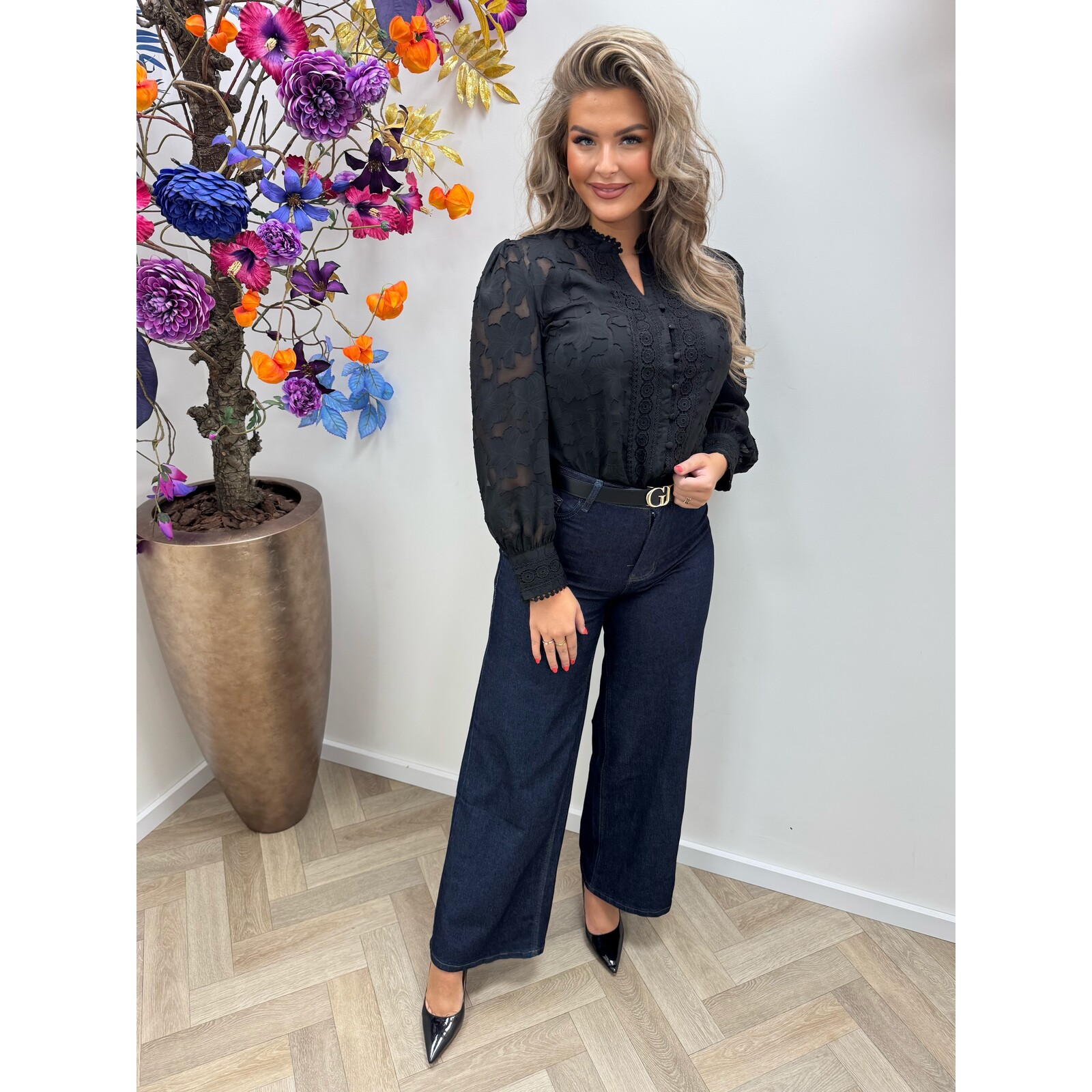 Blouse Flower Lace CH367 Black