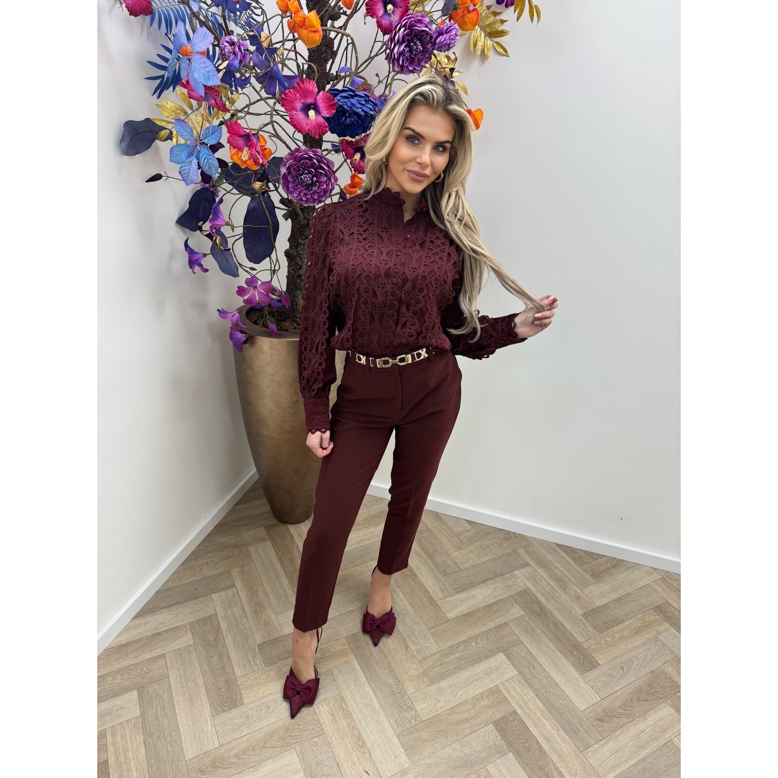 Blouse Satin Lace CH368 Wine