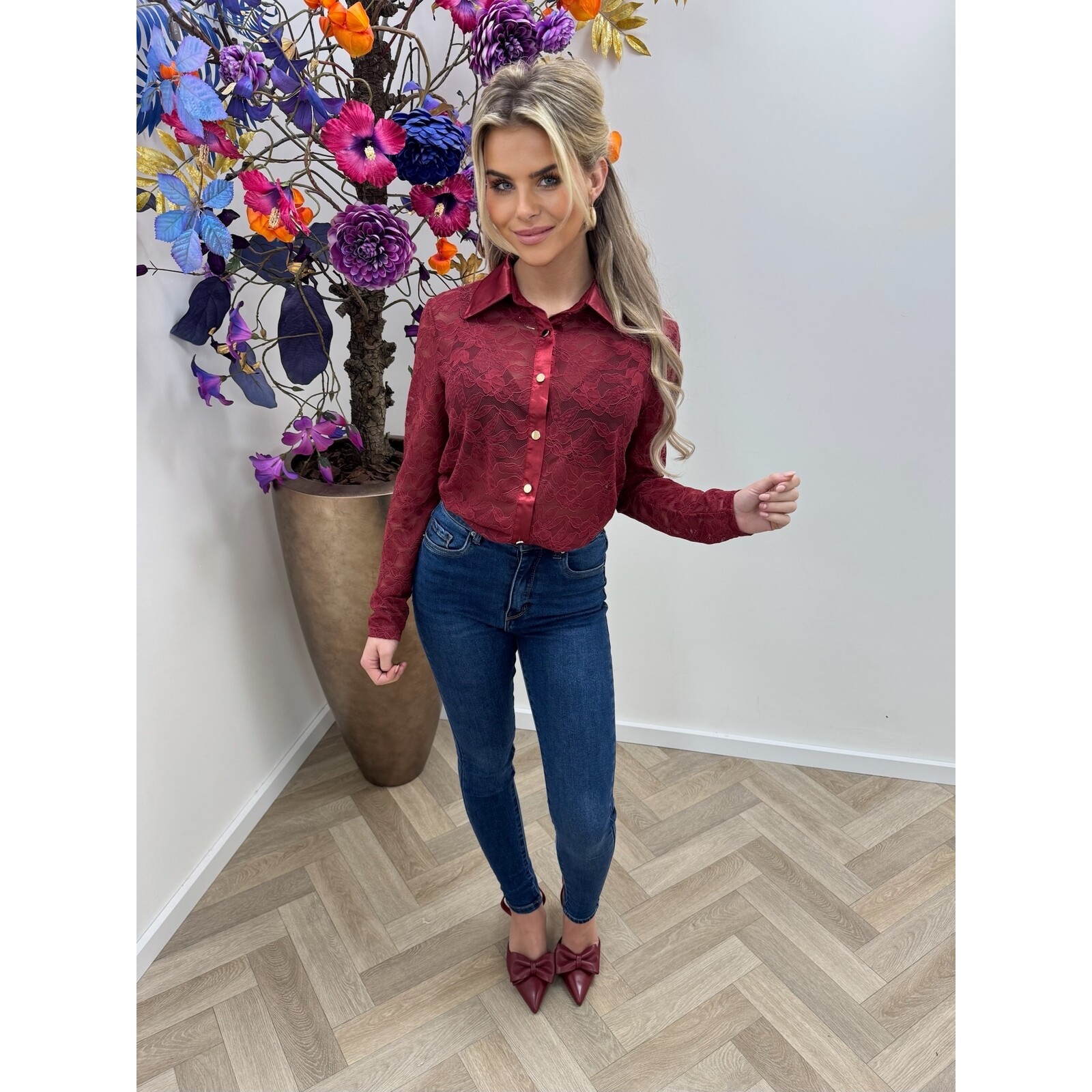 Blouse Lelie Lace With Satin Bordeaux HS9750