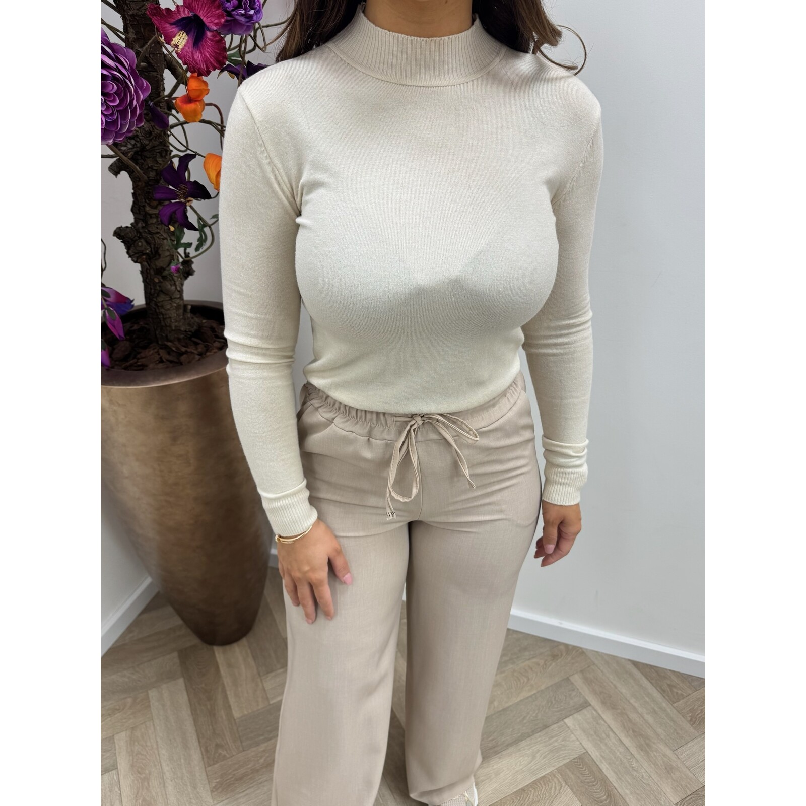 Basic col top short neck T-2050 Beige