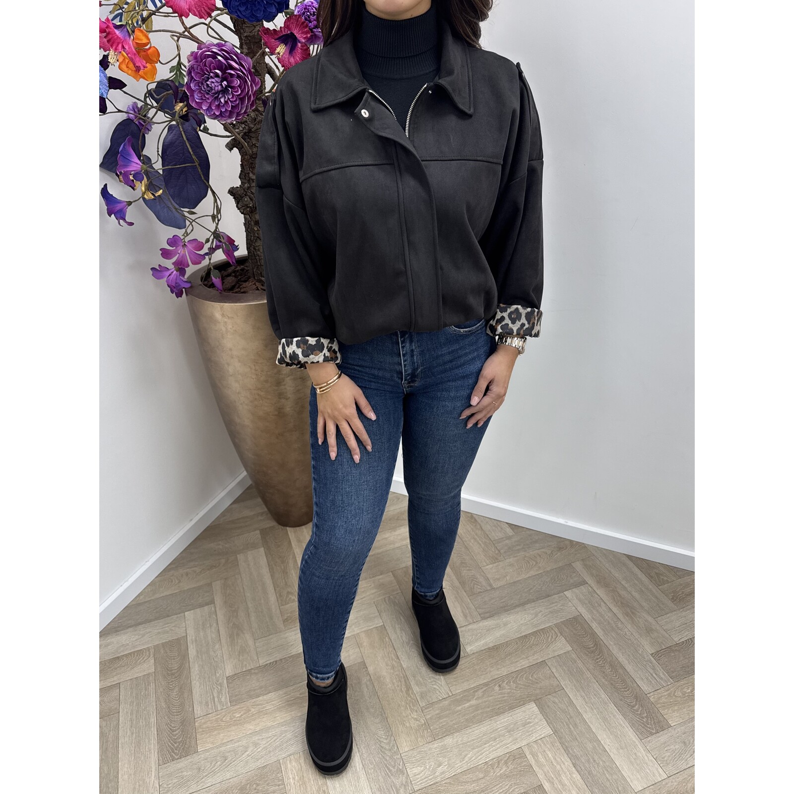 Jacket suede leopard Black
