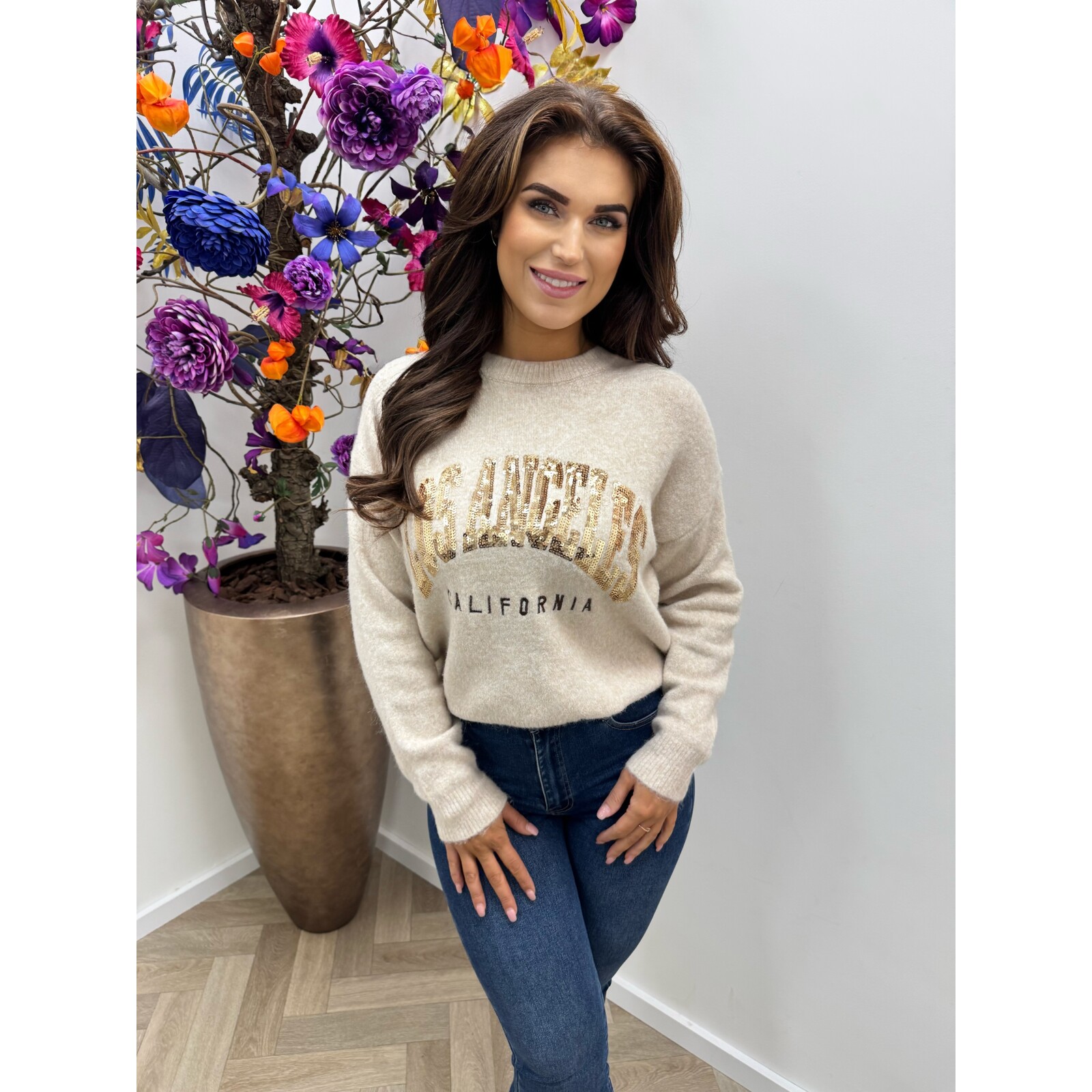 Sweater Los angeles pailletten AM788 Beige