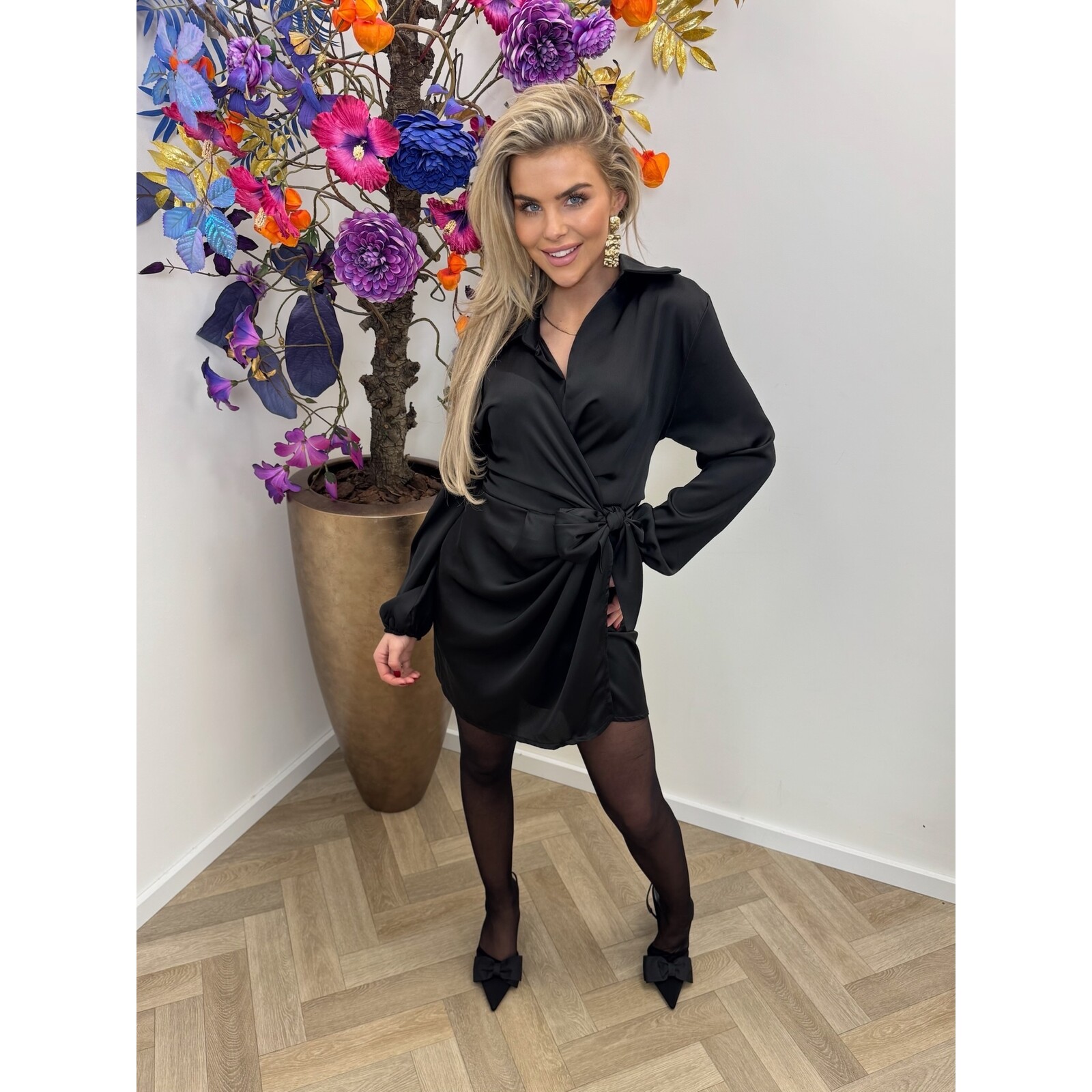 Dress overslag satin Black