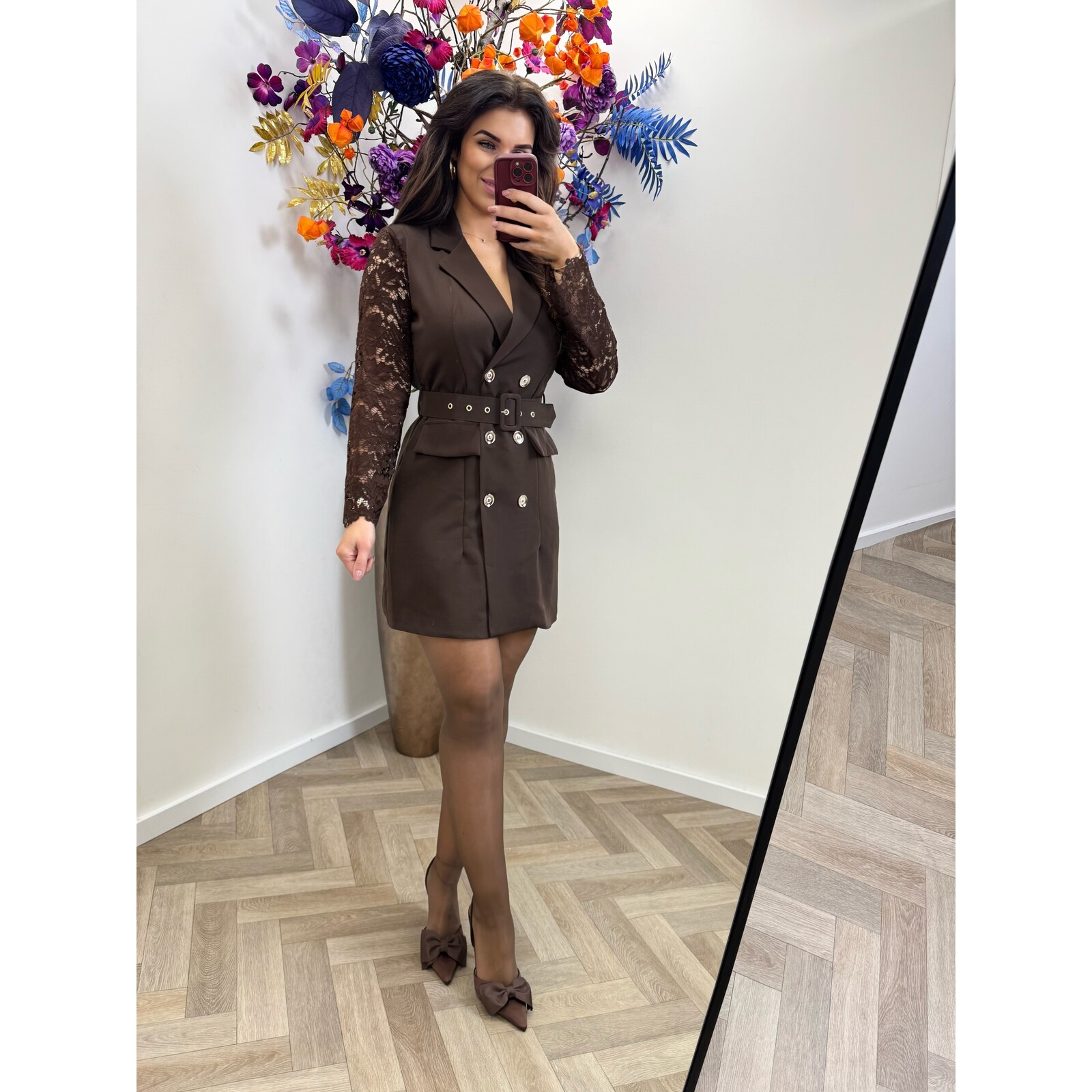 Blazer Dress Lace Sleeve Choco