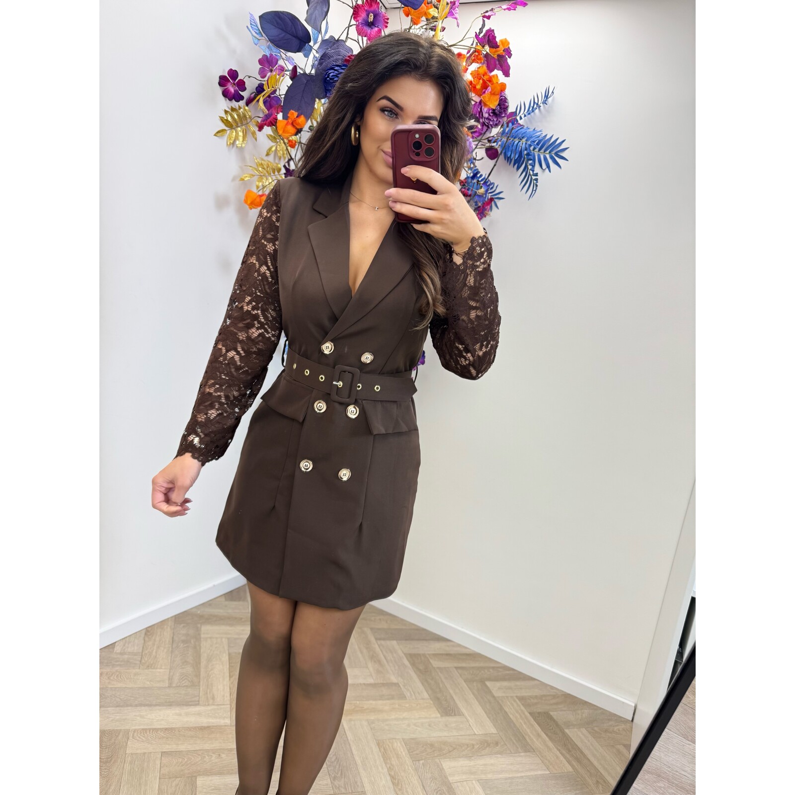 Blazer Dress Lace Sleeve Choco
