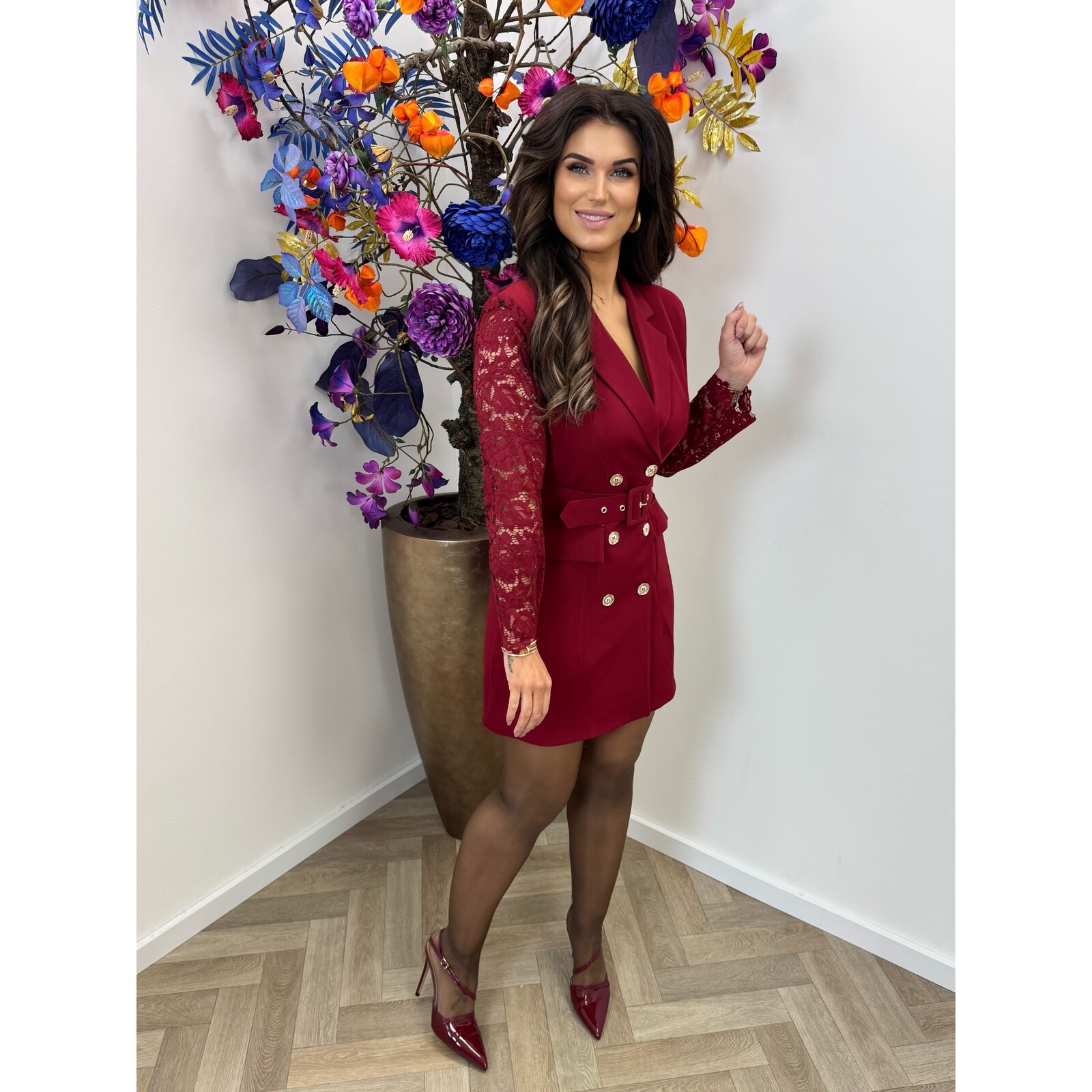 Blazer Dress Lace Sleeve Bordeaux