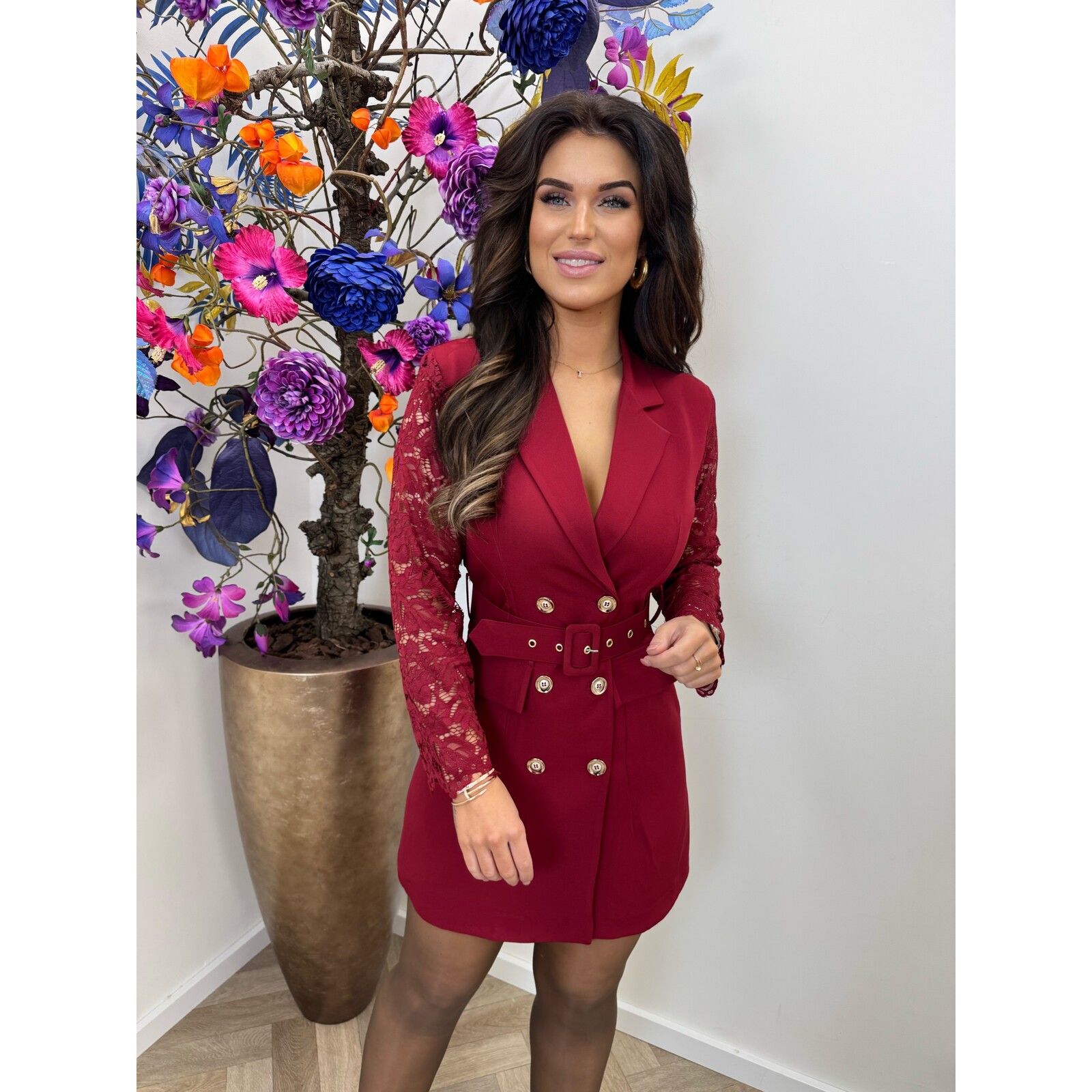 Blazer Dress Lace Sleeve Bordeaux
