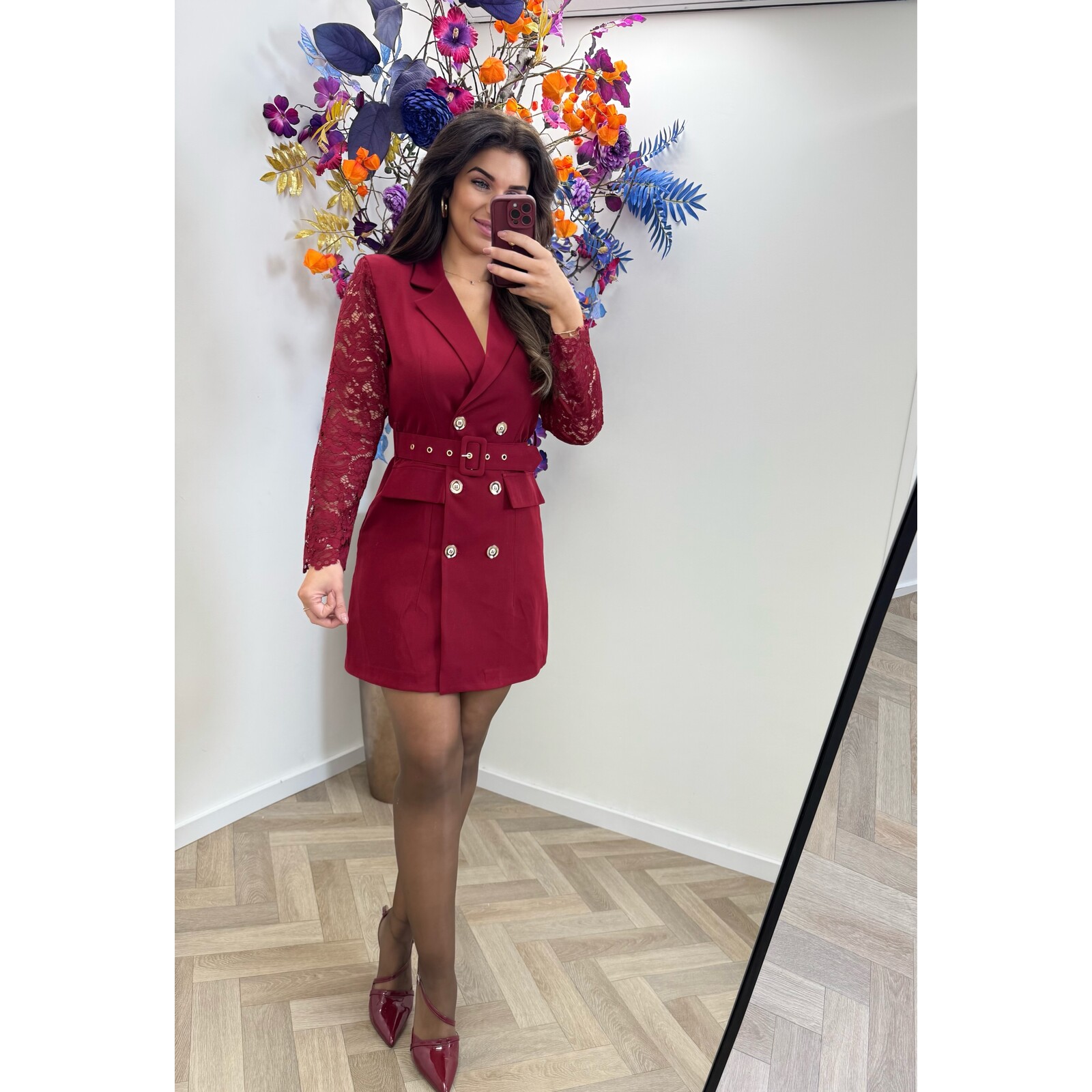 Blazer Dress Lace Sleeve Bordeaux