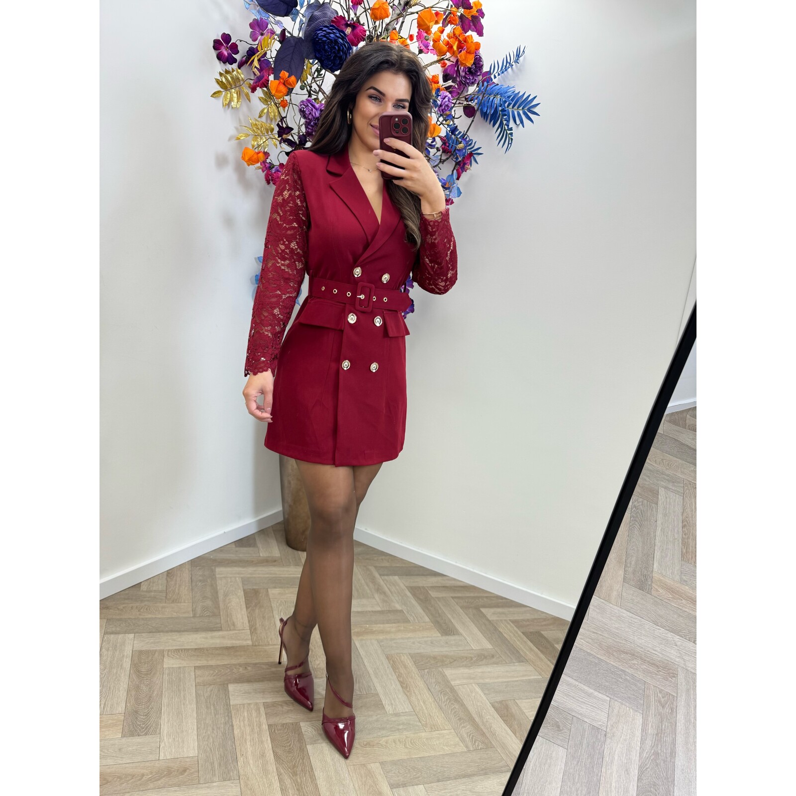 Blazer Dress Lace Sleeve Bordeaux
