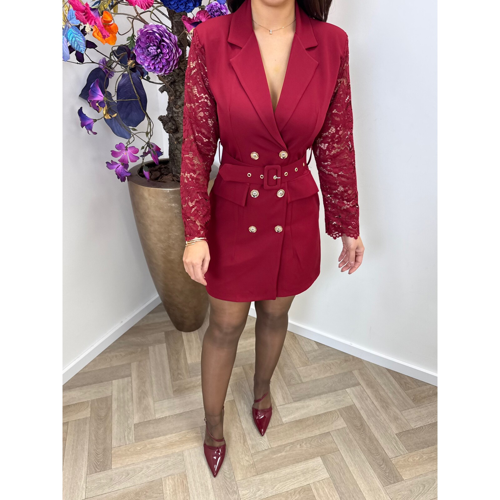 Blazer Dress Lace Sleeve Bordeaux
