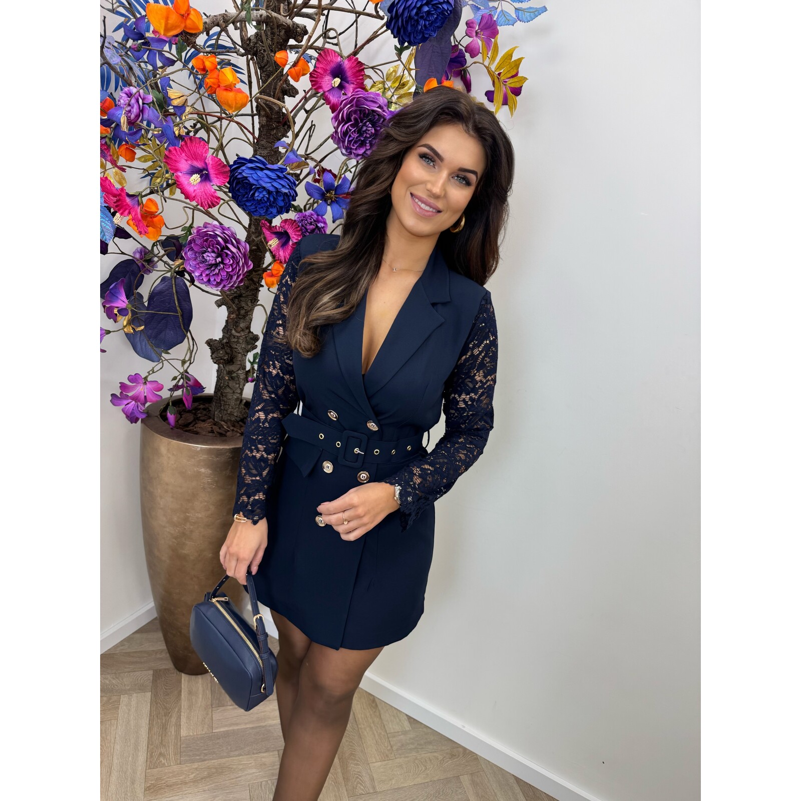Blazer Dress Lace Sleeve Navy