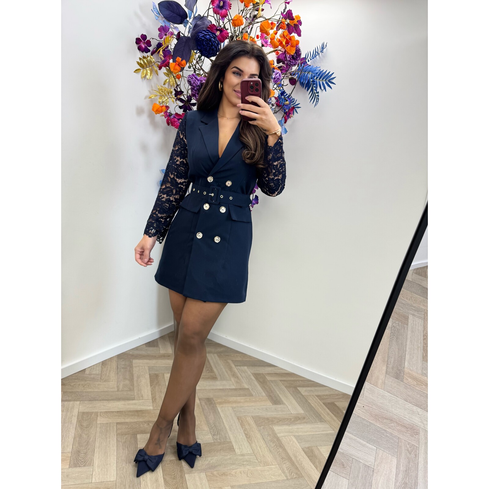 Blazer Dress Lace Sleeve Navy