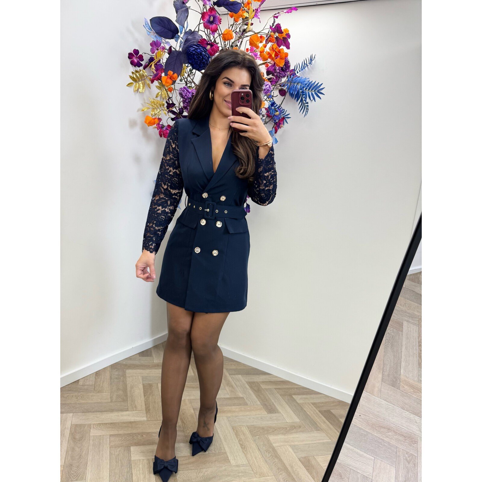 Blazer Dress Lace Sleeve Navy