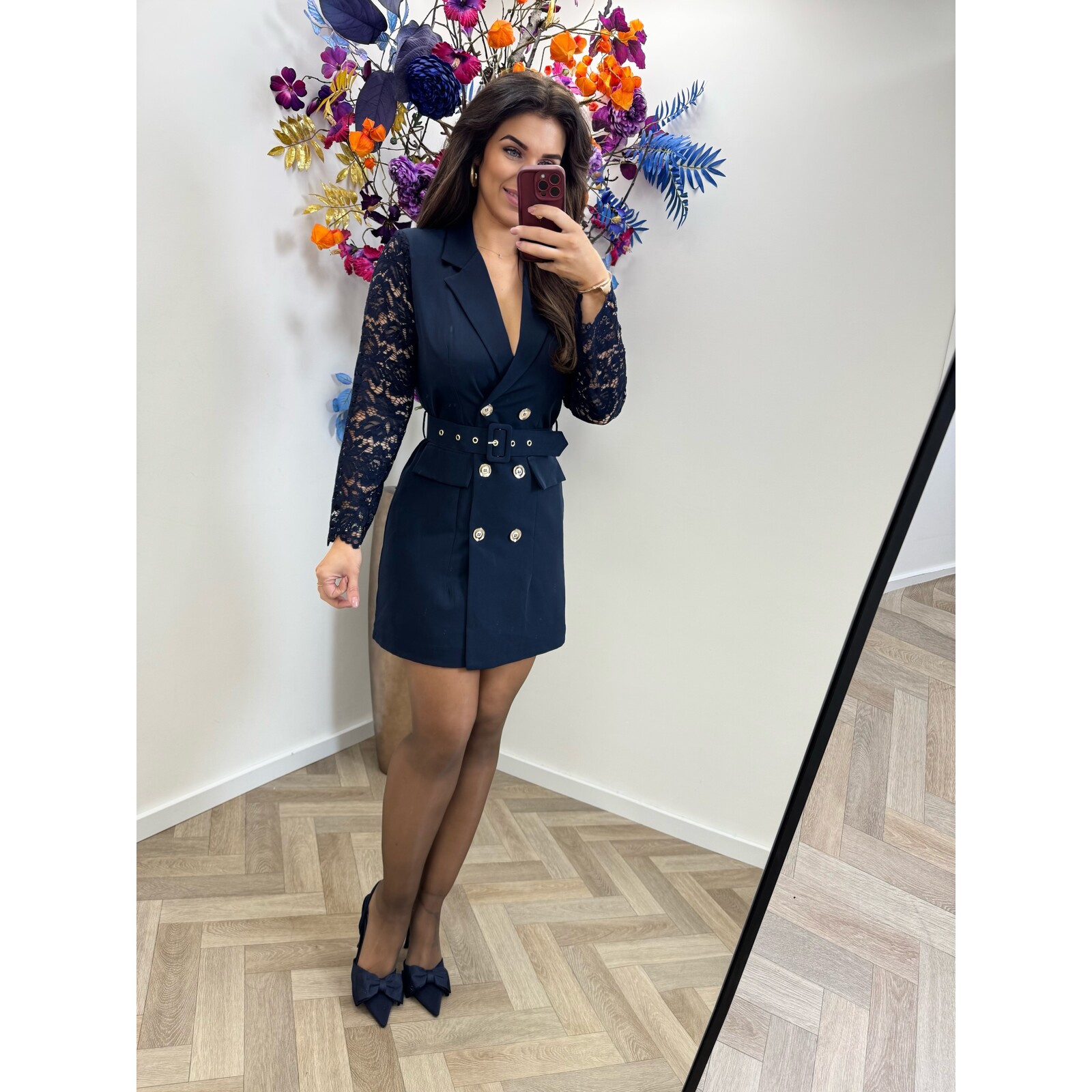 Blazer Dress Lace Sleeve Navy