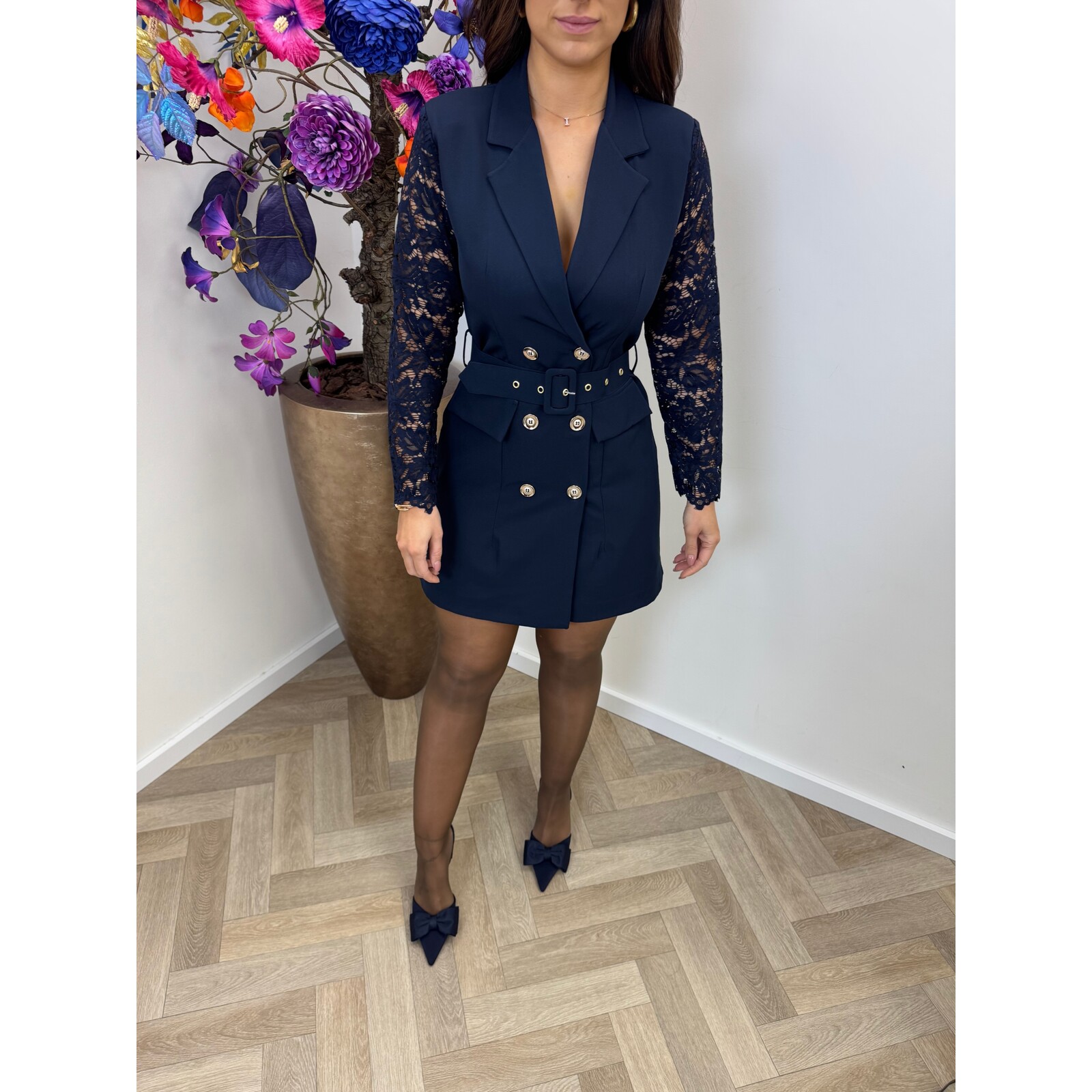 Blazer Dress Lace Sleeve Navy
