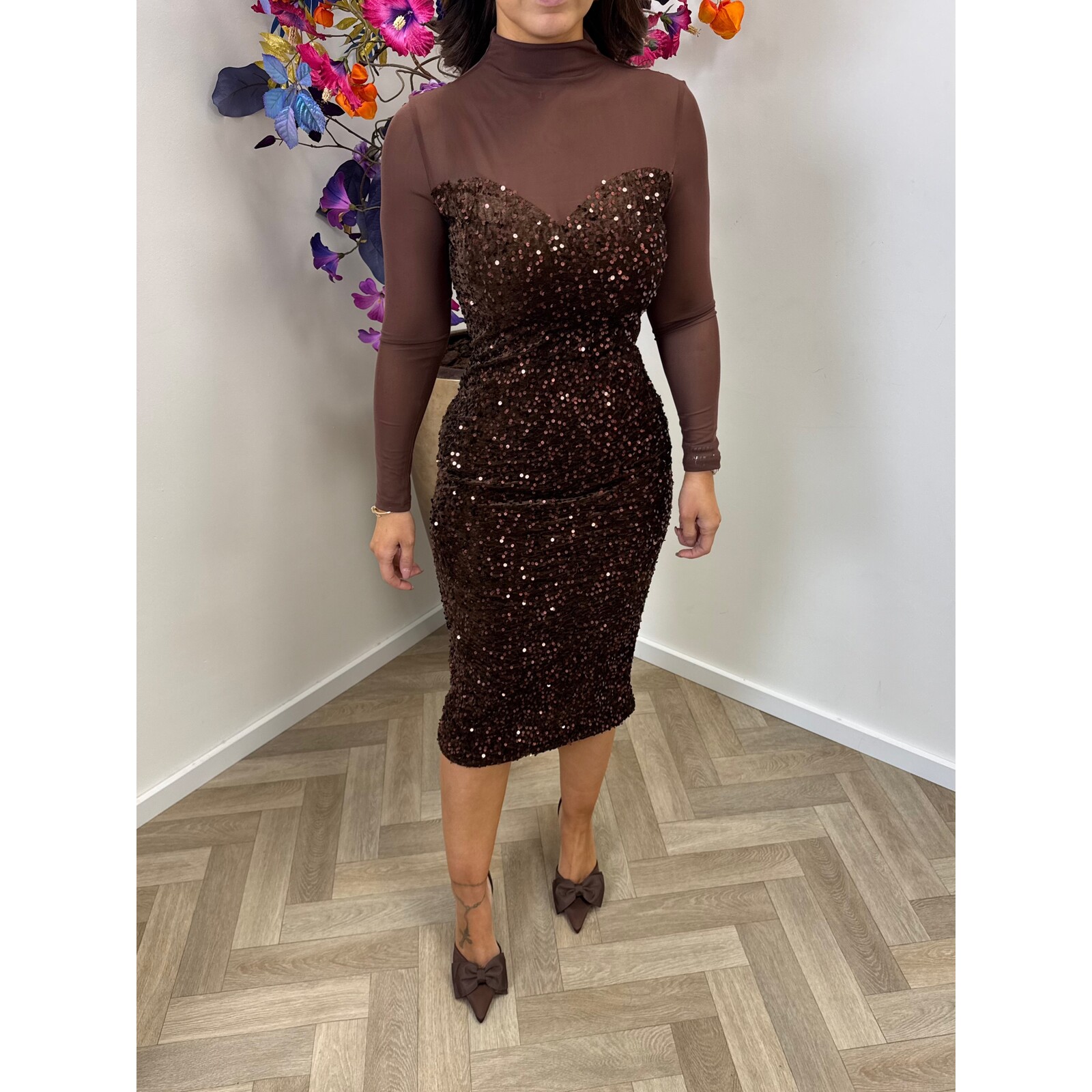 Long Dress pailletten 02-3571 Choco