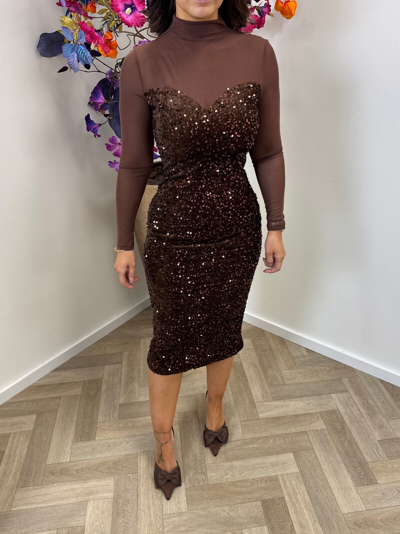 Long Dress pailletten 02-3571 Choco